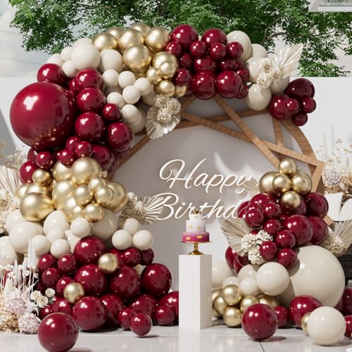 SUWEN 153Pcs Burgundy Balloon Garland Arch Kit Dark Maroon Sand White Gold