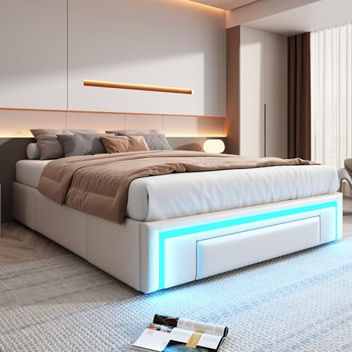 Dolamaní Polsterbett Bettgestell 140x200 cm ohne Kopfteil, PU-Leder Bett Mit LED und Schubladen, Metall Lattenrost Moderne Schlafzimmer Doppelbett (Beige)