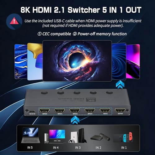 Image of Enbuer 8K HDMI 2.1 Switch, HDMI 2.1 Switcher 5 in 1 Out Supports CEC 8K@60Hz, 4K@240Hz, 1080P@480Hz, HDCP 2.3 HDR 3D Dolby Atmos VRR Compatible with PS5 Xbox Blu-Ray Player with IR Remote Controller