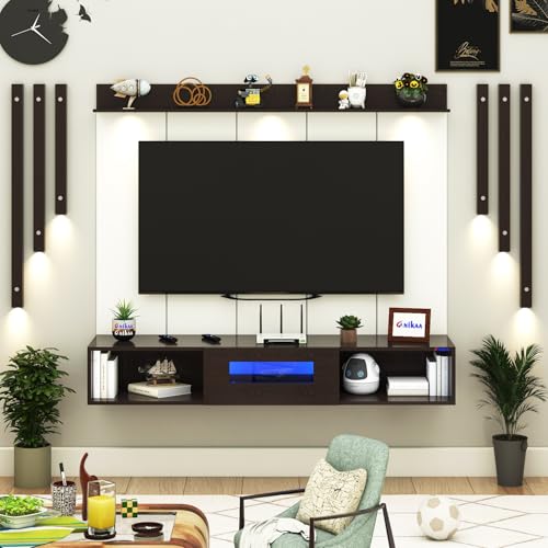 Image of Anikaa NovusPro Engineered Wood Wall Mount TV Unit with PVC Back Panel, Acrylic Blue LED Storage Box, Side Wooden Accent Spot Light Panels I Deal for Up to 50 Inch TV (Wenge - DIY Installation)