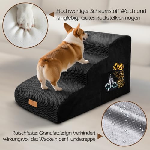 Eukue Hundetreppe 3 Stufen, Hundetreppen für Kleine Hunde und Katzen, Tragbare Hunderampe für Bett und Sofa, Hochdichtem Schaum Haustiertreppe mit Bezug und Tasche, Schwarz