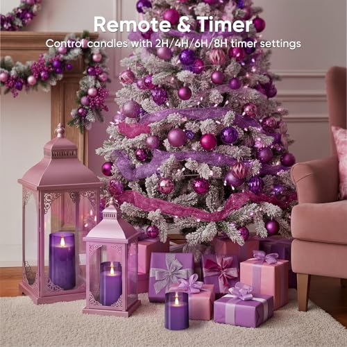 Image of Homemory Purple Flameless Candles, Flickering Battery Operated LED Pillar Candles with Remote Timer, Acrylic Violet Fake Candles, Decorative Candles for Home Wedding Party Halloween Decor, Set of 3