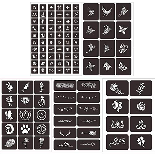 Henna Stencil for Semi Permanent Tattoo Jagu and Glitter Tattoo, Body Face Painting Stencil, Glitter Tattoo Stencils, 5 Sheets 102 Different Design Butterfly Rose Stars …