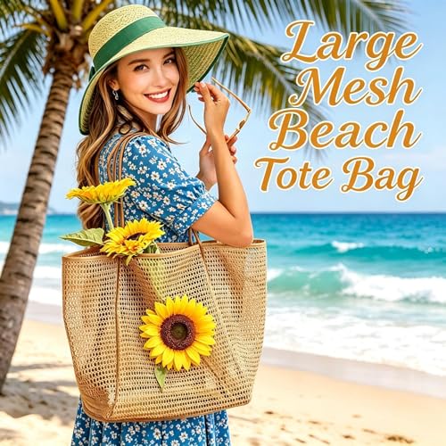 Bolso de Playa Grande de Malla para Mujer con Bolsillo y Cierre miniatura 7