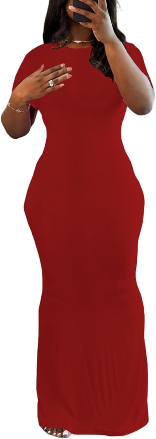 PINSV Women Summer Casual Bodycon Maxi Dress Scoop Neck Short Sleeve Long Dresses Club Party