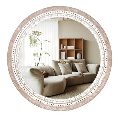 Reflinto 32" Farmhouse Wooden Decorative Round Mirrors for Wall Decor with Beads Frame, Rustic Large Circle Mirrors for Bathroom, Over Sink, Bedroom, Living Room, Entryway