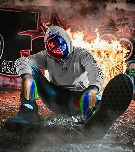 STONCH Halloween Glow Masks Skeleton Gloves Set, 3 Modes Mild Up Scary LED Masks with LED Glow Gloves, Halloween Costumes glow purge Masks - Image 8