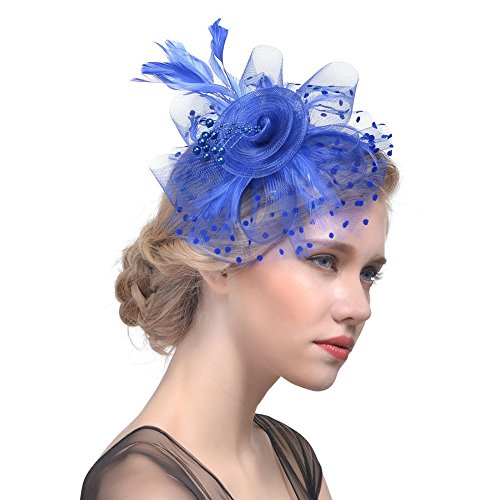 DRESHOW Fascinator Chapeau Plume Mariage Dames Day Bandeau et Clip Cocktail Tea Party Chapeau pour Fille et Femmes,Taille unique,Bleu-Blue