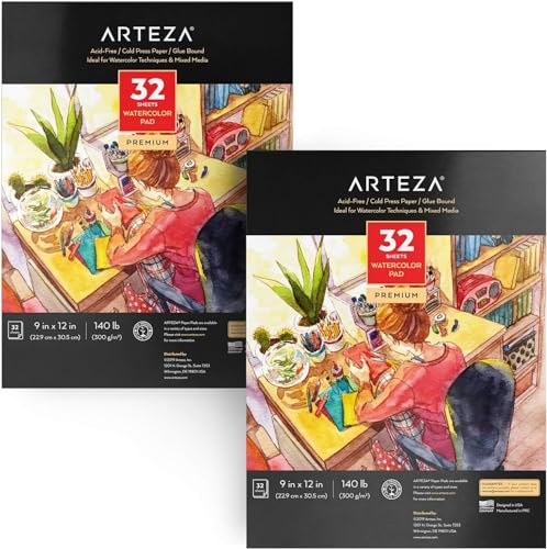 Arteza Cuadernos para acuarelas | Pack de 2 blocs de acuarela | Papel blanco de 300 gramos prensado en frío | Perfecto para pinturas de agua, medios secos y mixtos | 64 hojas en total