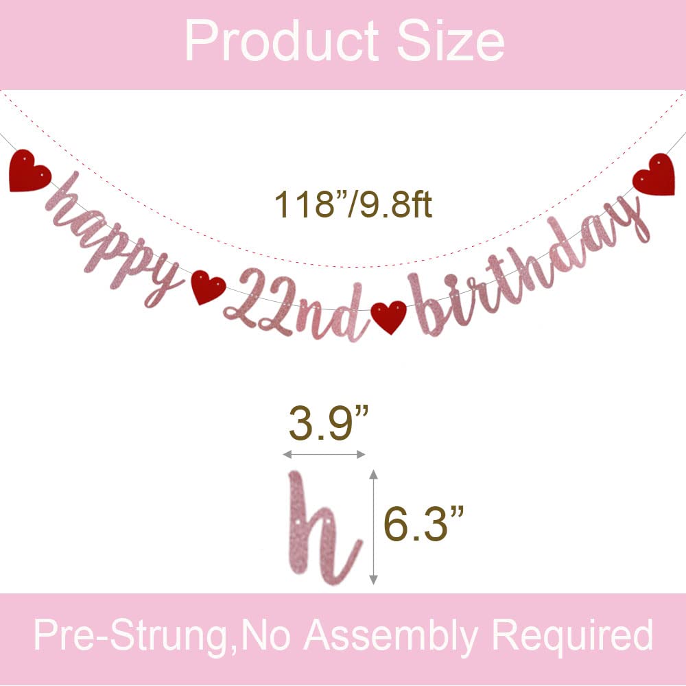 Happy 22nd Birthday Rose Gold Banner Cheers To 22 Years Old Backdrop Confetti Balloons Theme Decor For Women 22 Years Old Pink Birthday Party Decorations Bday Supplies Background Favors Gift Glitter