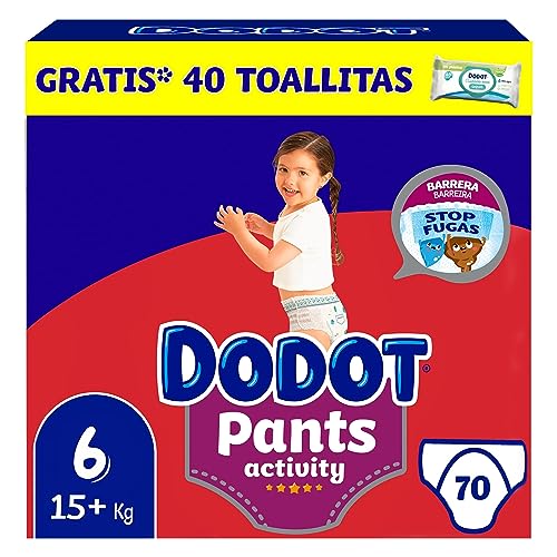 Dodot Activity Pants Pañal-Braguita Talla 6, 70 Pañales, 14kg - 19kg + 1 Pack de 40 Toallitas Gratis Cuiado Total, Pack Mensual