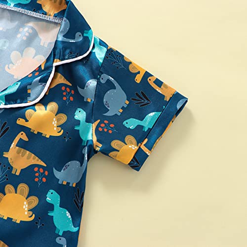 Qiylii Toddler Baby Boy Silk Pajamas Cow/Dinosaur Satin Pajamas Set Short Sleeve Button-Up Top Shorts 2PC PJs4