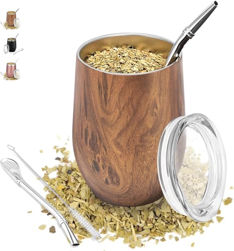 TELANKS Mate Becher, 340 ml Teetassen Set, Edelstahl doppelwand isolier Enthält Bombillas und eine Reinigungsbürste, Mate Teetasse mit BPA-freiem Deckel (holz)
