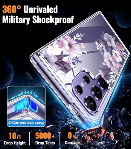 Image of Elzzi Clear Transparent Flower Cover for Samsung A56 5g Case Shockproof Case Floral Design Camera Protection Shockproof PC+TPU Transparent Flower Cover for Girls & Women (Deep Purple)