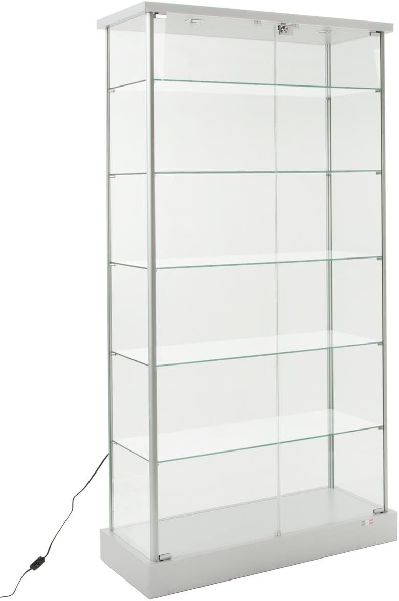 Displays2go Full Vision Lighted Cabinet, Laminated MDF, Aluminum & Tempered Glass Build – Silver Finish (193CPLEDSL)