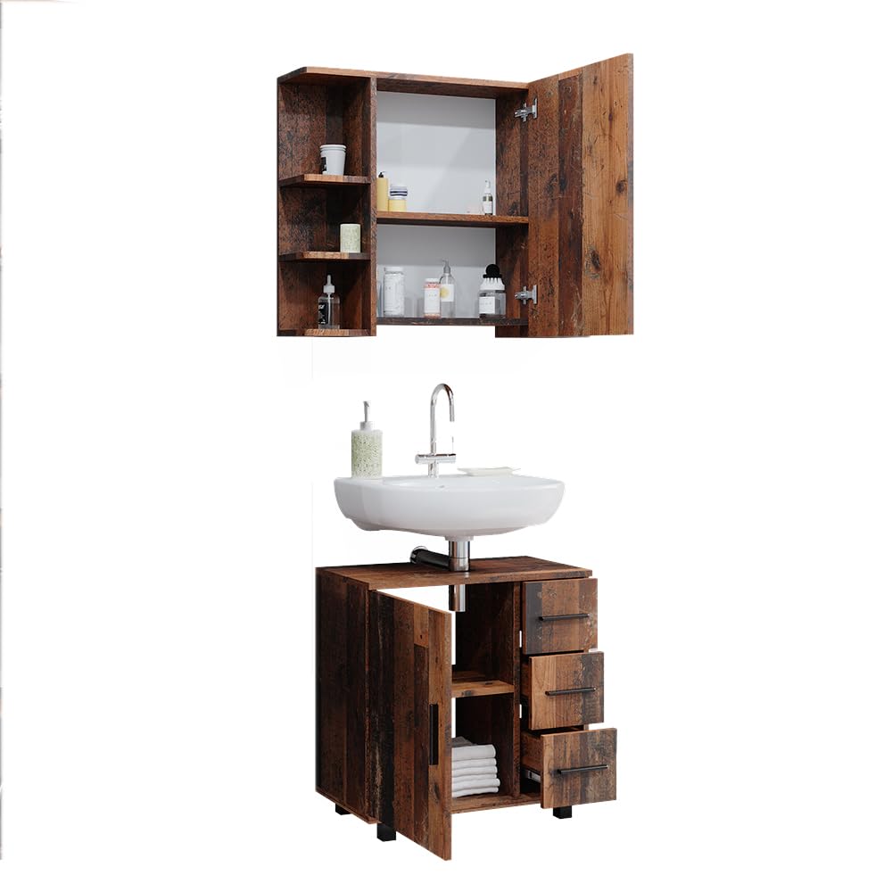 Vicco Set di mobili da bagno Ilias, Rovere rustico, 60 cm, composto da specchio da bagno e mobile sottolavabo