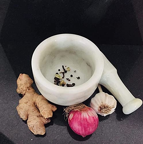 Image of Marble Mortar and Pestle Set 4 Inch Imam Dasta Ohkli Musal for Mashing Spices and Medicines (White)