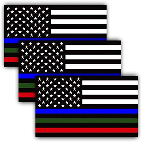ANLEY 5 X 3 inch Thin Line US Flag Decal - Blue Green and Red Reflective Stripe American Flag Car Stickers - Support Police Military and Fire Officers (3 Pack)