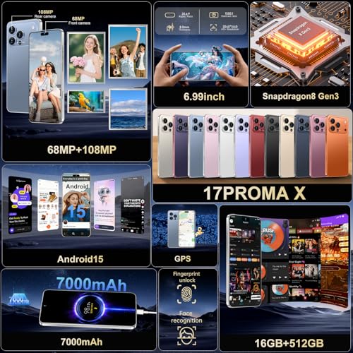 Image of Ecshock 17PM Unlocked Phone | Cell Phone Android 15.0 | 16+512GB Smartphone| 6.99 inch HD Display | Long Battery Life 7000mAh | 68+108MP Zoom Camera| Fingerprint Lock | with Dual SIM (Blue)