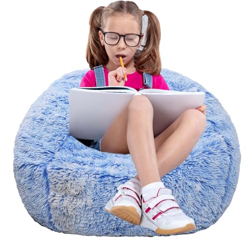 Fluffy Bean Bag Chair for Kids, 2.5FT Round Memory Foam Filled Bean Bag for Teens & Kids, Ultra Soft Faux Fur Fabric Bean Bag Chairs for Playroom, Living Room, Bedroom, Blue
