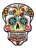 Graphic Dust White Colorful Sugar Skull Embroidered Iron on Patch Calavera Good Luck Applique Sign Symbol Logo Cute Happy Death Lucky Spirit Decoration Coco Day of The Dead Backpack DIY Costume