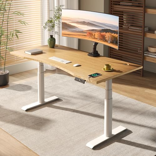 Image of FLEXISPOT E6 Pro 78 inch x 30 inch Organic Modern Bamboo Standing Desk, Dual Motor 3-Stage Height Adjustable Desk with Oval Legs, Heavy Duty 330lbs, Bamboo Desktop with Ergonomic Curved Edge, Black Frame