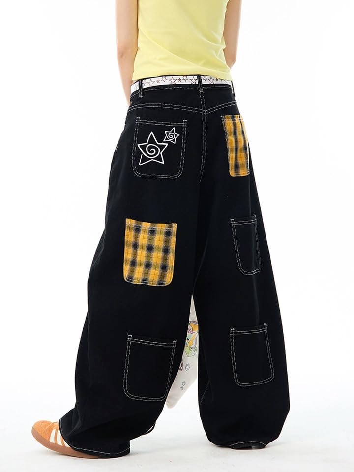 Unisex Y2k Vintage Plaid Multi Pockets Star Embroidery Jeans Hiphop Harakuku Loose Fit Casual Wide Leg Denim Pants2