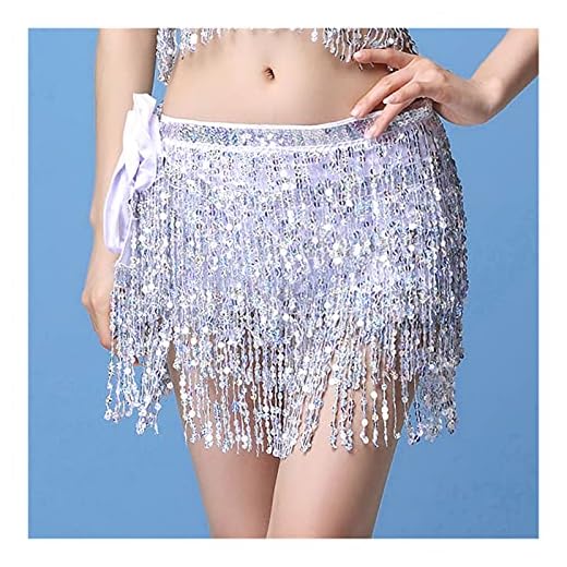 Mujeres Bellydance Ropa Accesorios Tassel Cinturones Tiras Rectángulo Danza del Vientre Hip Bufanda Bufanda Lentejuelas Friendes Cinturón Falda de la Cadera (Color : Silver)