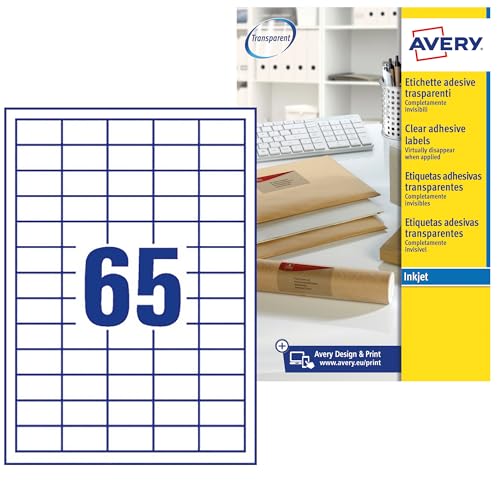 Avery Printable, Customisable Clear Mini Return Address Labels, Inkjet Printers, 65 Labels Per A4 Sheet, 1625 Labels, Quickdry (J8551),Transparent,38.1 x 21.2 mm