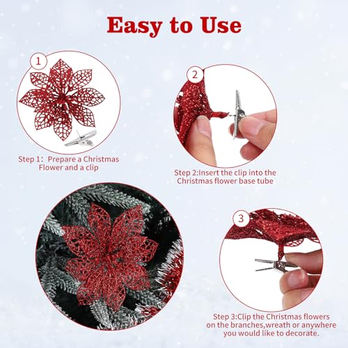24 Pieces Christmas Glitter Poinsettia with Clips Christmas Poinsettia Decorations Artificial Poinsettia Flowers Ornament Christmas Flowers for New Year Wedding Home Decoration 5.9inch/15cm Red