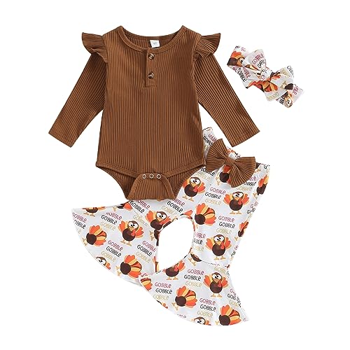 Image of Kuriozud Newborn Baby Girl Bell Bottom Outfit Ruffle Romper Cute Bow Flare Pants Set Headband Cute Clothes