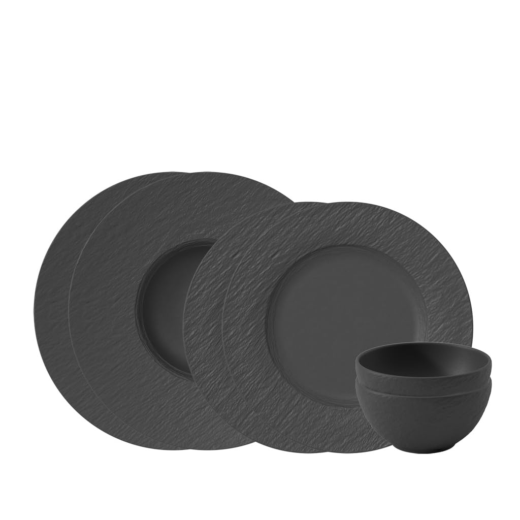 Villeroy & Boch – Manufacture Rock Starter-Set 6 teilig schwarz, Spülmaschinenfest, Mikrowellensicher, Geschirr Set Schwarz Matt, Tafelservice, Essgeschirr, Premium Porzellan