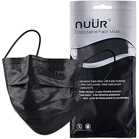 NUÜR 10pcs 3 Ply Disposable Face Mask, Mask with Filter Layer and Elastic Earloop, Retail Sealed bags, Black Cover
