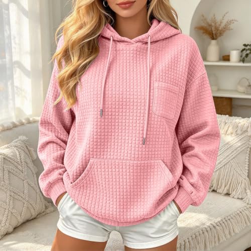 Aniywn Pink Hoodie Women Pullover Oversized Drawstring Waffle Sweatshirt - image 2