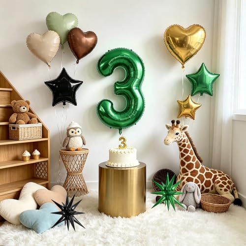 Image of TONIFUL 3rd Birthday Balloons 40 Inch Green Large Number 3 Foil Balloon 18 Inch Helium Mylar Heart Star Shaped Ballons for Boys Men Birthday Anniversary Graduation New Year Eve Party Decoration