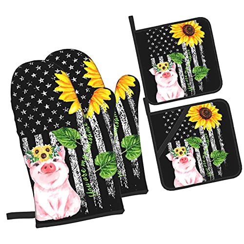 Oven Mitts And Pot Holders Sets Farmhouse Sunflower Pig American Flag Kitchen Microwave Gloves And Hot Pads Potholders With Cotton Liner Grip Cooking Mitts For Baking Cooking Grilling Bbq #TOP1