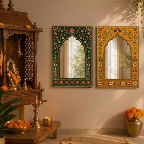 Image of American Elm Pack of 2 Jharokha Mirror Wall Decor for Home Decor Living Room Indian Floral Arch Acrylic Mirror Wall Hanging