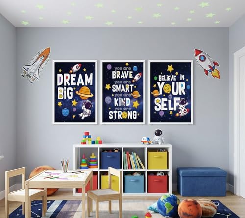 Image of 3Pcs Inspirational Space Astronaut Kids Poster Wall Art, Inspirational Quotes Painting Picture Wall Decor, Boys Positive Affirmative Poster Print Artwork for Playroom, Classroom, 12x16in Unframed