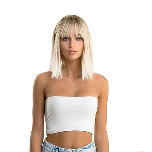 LAURA - Peluca de corte Bob rubio frío con raíz oscura y flequillo completo, pelucas de cabello corto sin pegamento para mujer, pelucas sintéticas
