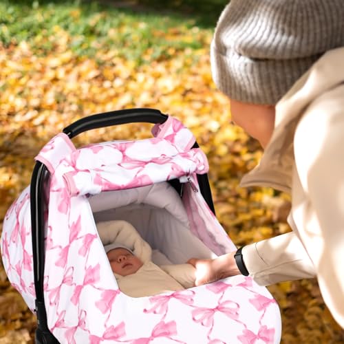 Image of Car Seat Cover Baby, HNHUAMING Infant Car Seat Covers Canopy for Baby Girl Boy, Cozy & Windproof Newborn Carseat Covers Minky Dot Backing Stroller Cover with Breathable Mesh Window, Pink Bow