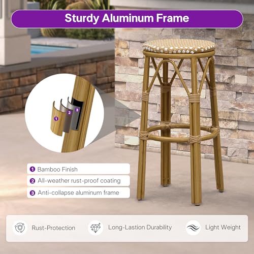 Image of PURPLE LEAF Outdoor Round Bar Height Stool Set of 2 Patio Backless Barstools Aluminum Frame in Bamboo Finish with Amber & White Woven Rattan for Indoor Kitchen Dining Bistros Cafe Restaurant