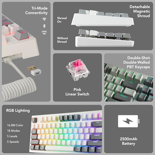 Image of TECWARE Phantom+ Elite 87 Key RGB Mechanical Gaming Keyboard | 3 Mode Wireless Bluetooth 5.0 2.4GHz & USB C Wired | Hot Swappable 5 Pin | Double Shot PBT Keycaps | Wraith Pink Switch - White