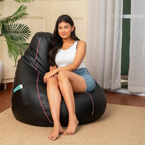 Image of Sattva Classic 2XL Bean Bag Chair with Beans Filled | Faux Leather Sofa Style Bin Bags with Filled Beans | Comfort Beam Bag Sofa for Adults & Teens, Living Room & Office - Black with Pink Piping