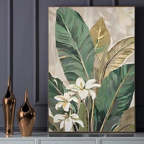 CHAOJIART Quadro su tela grande, moderno, astratto, floreale, arte murale - Foglie verdi e fiori bianchi, stampa per soggiorno e camera da letto, 70X100 cm, senza cornice