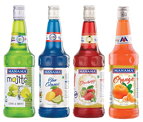 Image of Manama Lime and Mint Mojito, Blue Curacao, Strawberry and Orange Fruit Syrup (750ml), Pack of 4