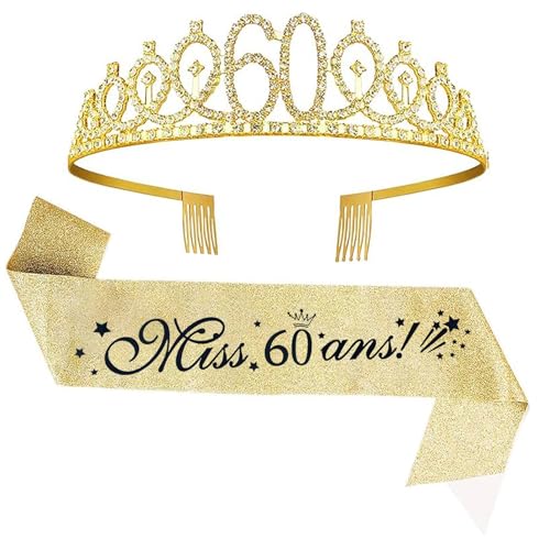 jenich 60 Ans Femme Couronne 60 Ans Anniversaire Echarpe 60 Ans Diadème Tiare de Couronne 60 Ans Écharpe Happy 60th Birthday Décoration Ensemble d'anniversaire 60 Femmes