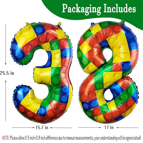 Image of 32 Inch Building Block Number 38 Balloons birthday Block Themed Large Big Helium Foil Mylar Balloon for Girls Boys Birthday Party Decoration Supplies