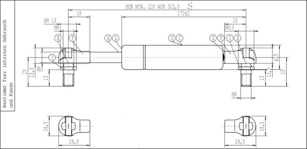 Stabilus LIFT-O-MAT siłownik gazowy 100N 315,5 cm skok 121,5 cm metalowy