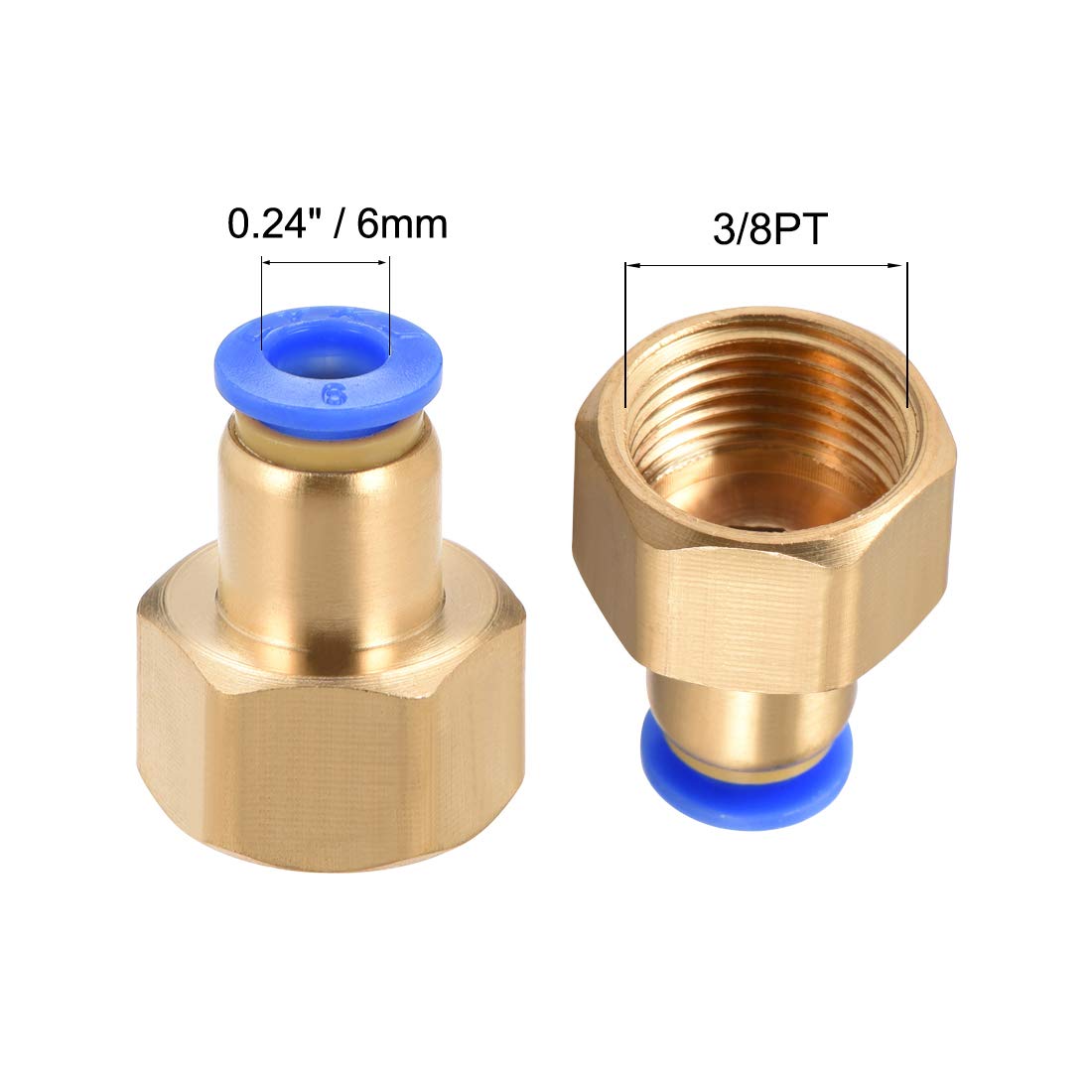 sourcing map Push to Connect Rohrverschraubungen, 6 mm Rohr-Außendurchmesser x 3/8 PT weiblich, gerade, pneumatische Verbindungsstücke, Rohrverschraubung, goldfarben, 2 Stück