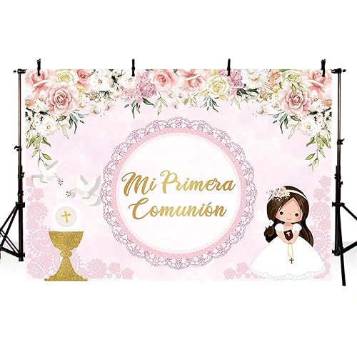 AIBIIN Pano de fundo de comunhão meu primeiro de 2,1 x 1,5 m para menina, Deus abençoe, primeira comunhão, fundo de fotografia, pombos de cálice, rosa, renda floral, decoração de festa, acessórios para